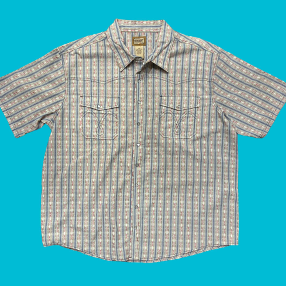 Schmidt Work Wear Western Pearl Snap Button Down Cream Blue Red Shirt XXL